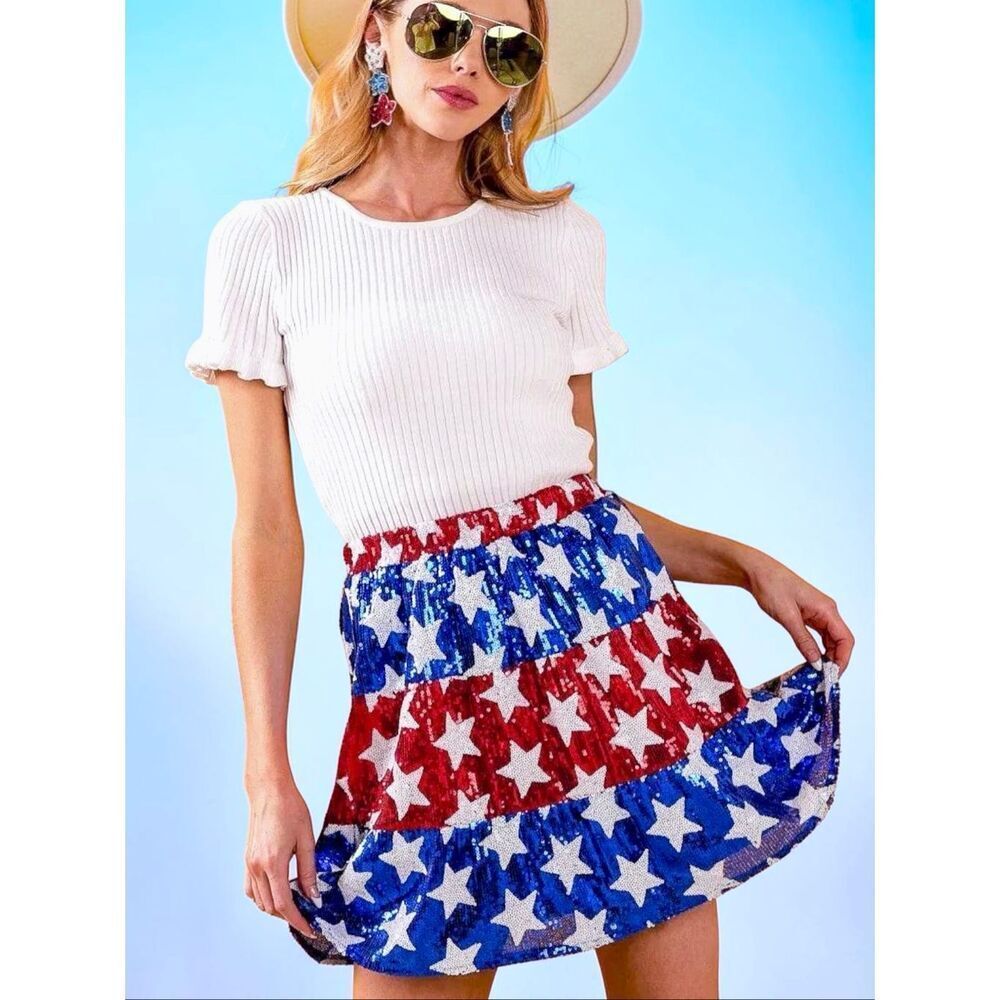 BiBi American Flag Star Sequin Tiered Skirt Patriotic 4th of July USA Festival